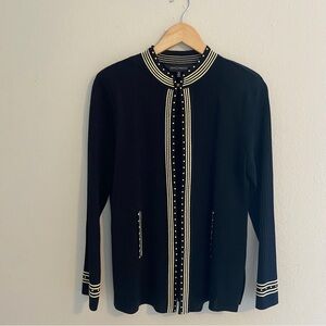 Ming Wang Black Knit Cardigan Sweater with Cream Trim and Stud Detail